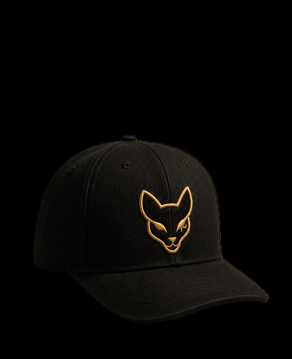 Black Xintu cap with the cat mark embroidered in gold thread, three-quarter view